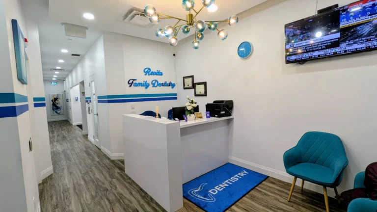 Reception desk and waiting area at Revita Dentistry in Brampton