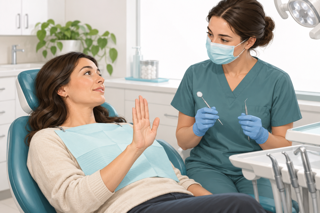 Patient raising a hand to request a break during dental care