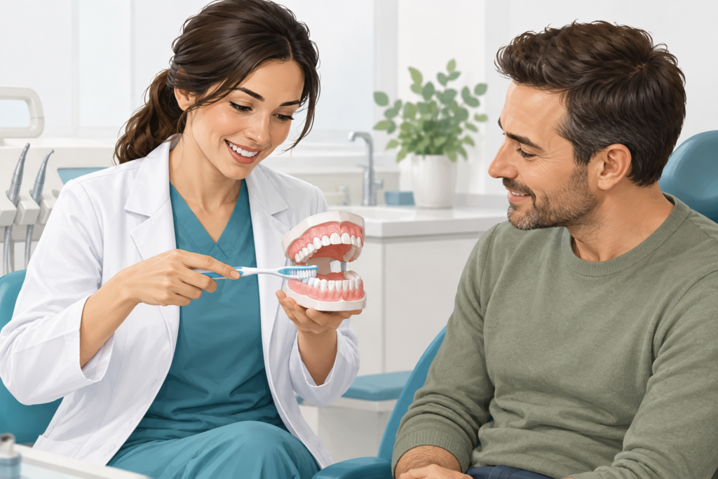 Dental professional polishing teeth with a rubber cup
