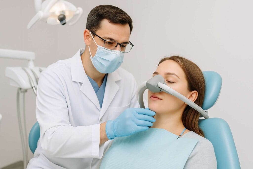 Dentist adjusting a nasal mask on a patient in a dental chair