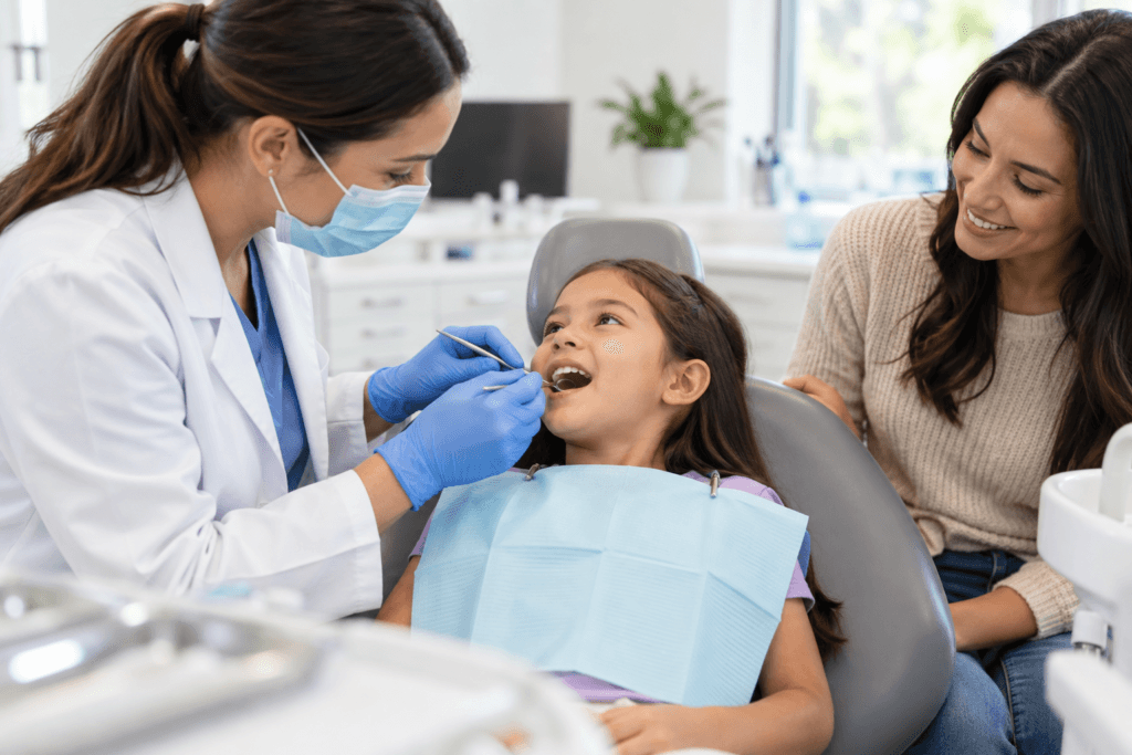 Child receiving a dental exam with a parent nearby