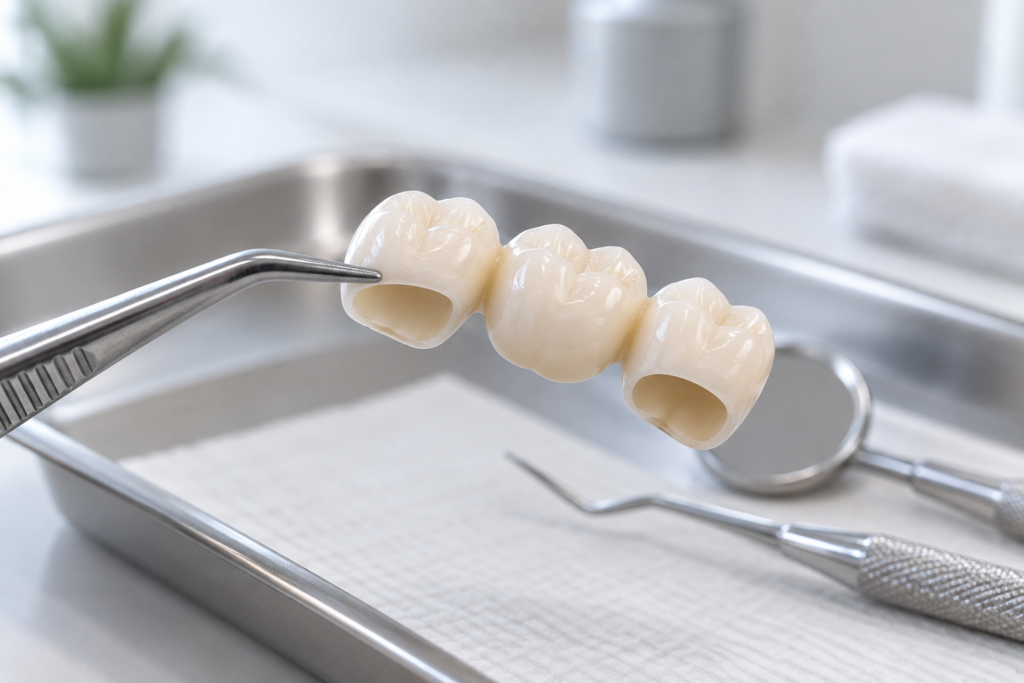 Three-unit ceramic dental bridge with supporting crowns