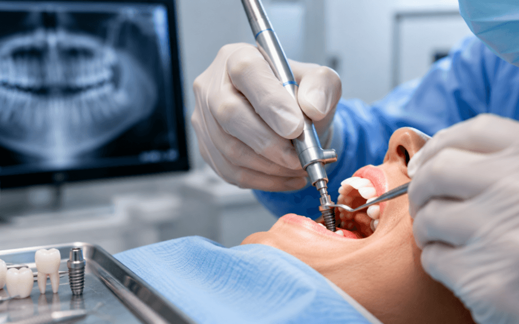 Dentist evaluating a patient for dental implant surgery candidacy