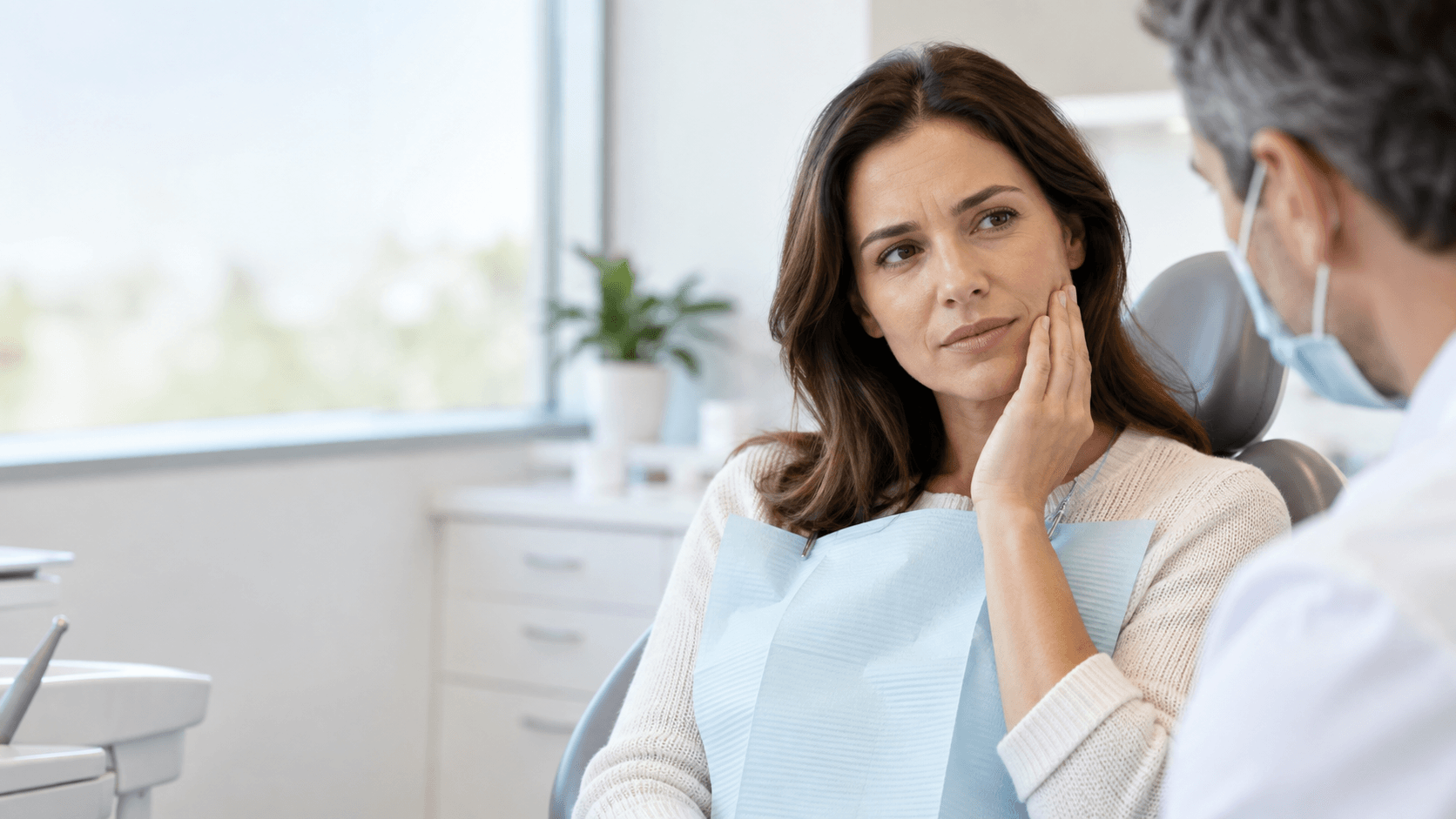 Woman holding her cheek while discussing tooth pain with a dentist when is a toothache an emergency