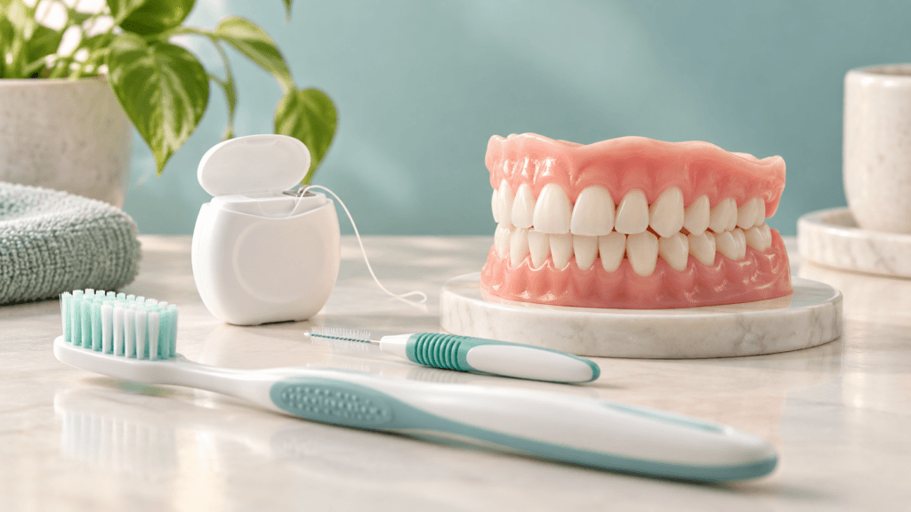 Toothbrush, floss and interdental brush beside a dental model