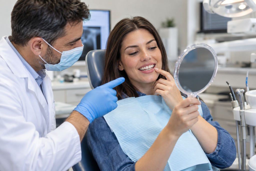 Woman checking her front teeth in a handheld mirror with a dentist