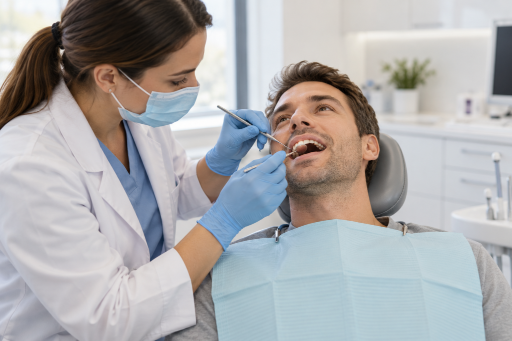 Dentist examining a patient's teeth with dental instruments