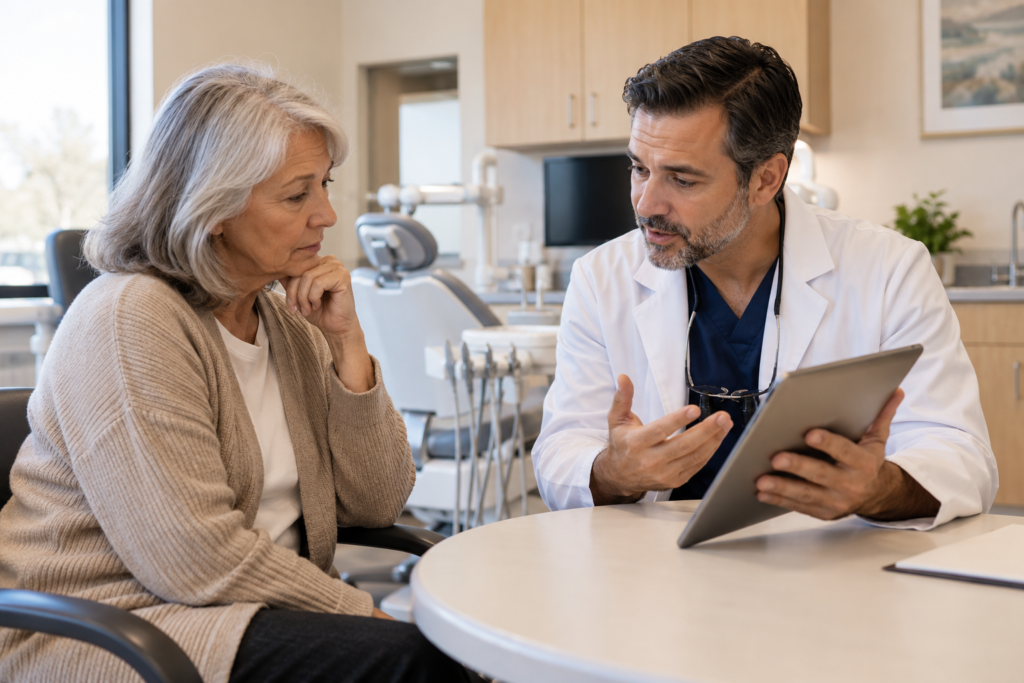 Dentist discussing dental findings with a patient using a tablet