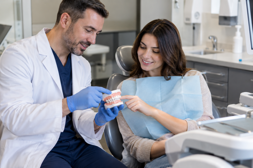 Dentist and patient discussing a dental model