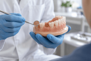 Dental models comparing a single-tooth implant and a traditional dental bridge
