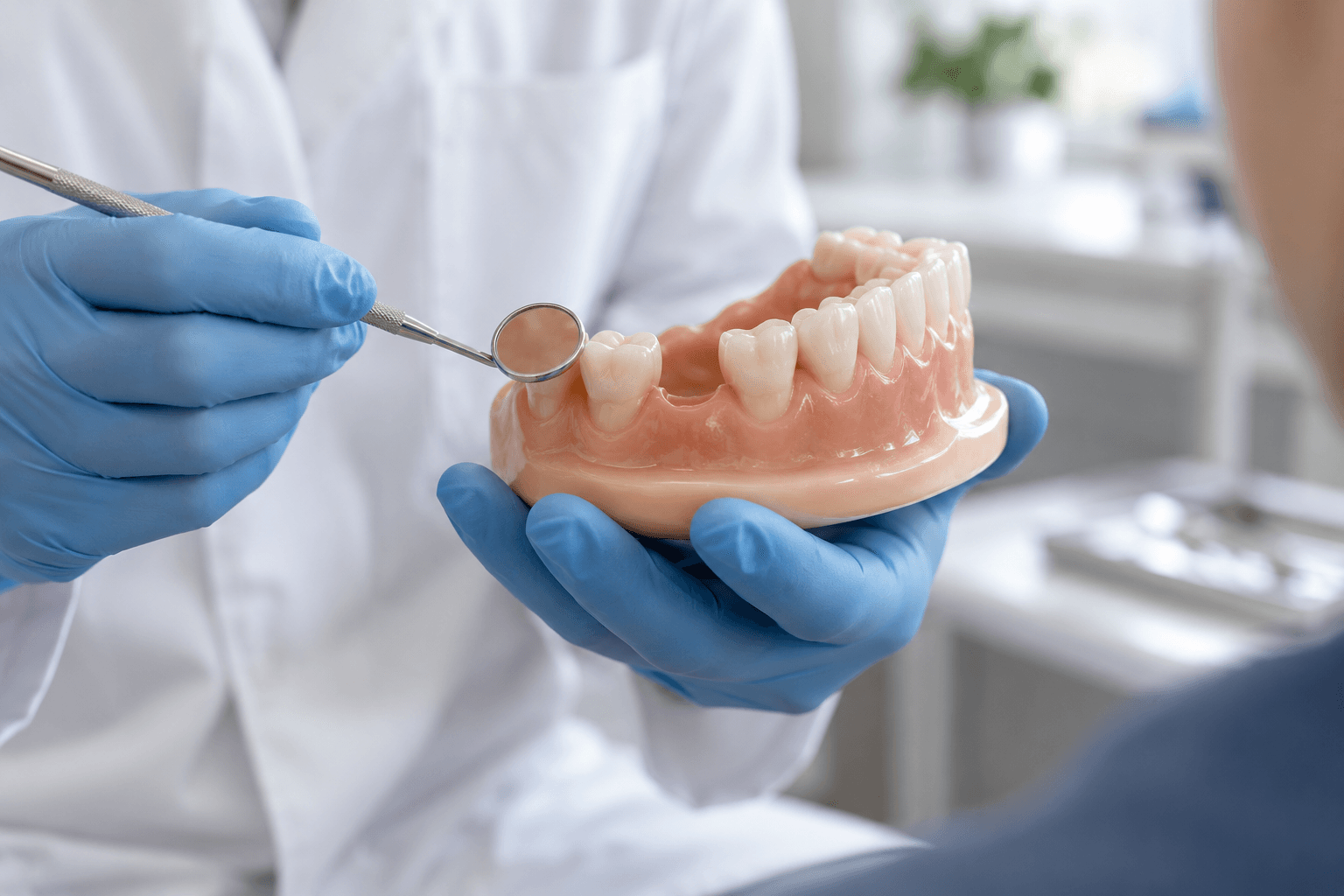 Dental models comparing a single-tooth implant and a traditional dental bridge