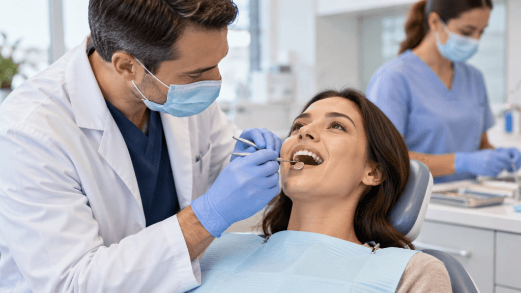 Dentist examining a patient’s teeth with a dental mirror