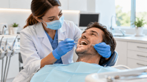 Dentist performing a routine dental exam on an adult patient how often should you get a dental exam