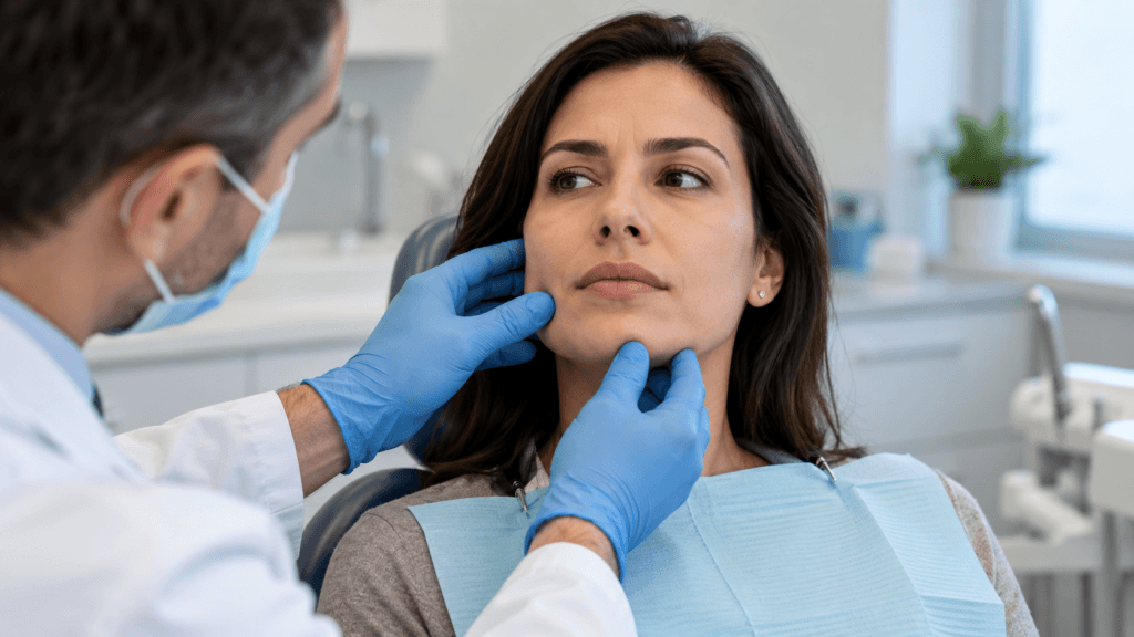 Dentist examining a patient’s cheek and jaw