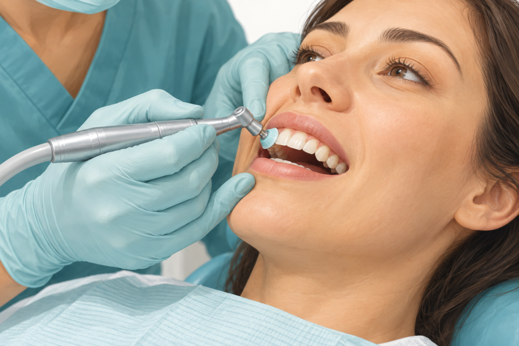 Dental professional examining a patient’s teeth with a dental mirror