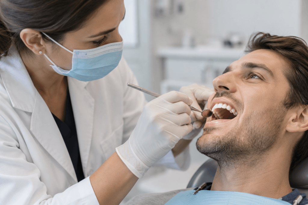Dentist examining an adult patient’s teeth and gums