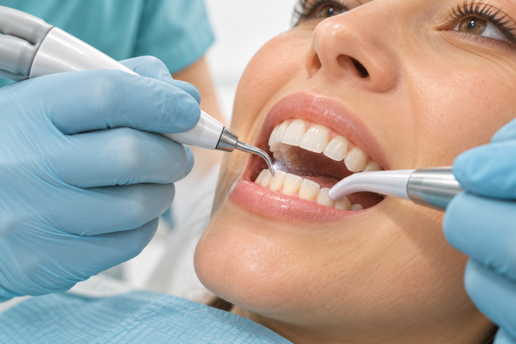 Ultrasonic scaler used during a professional dental cleaning