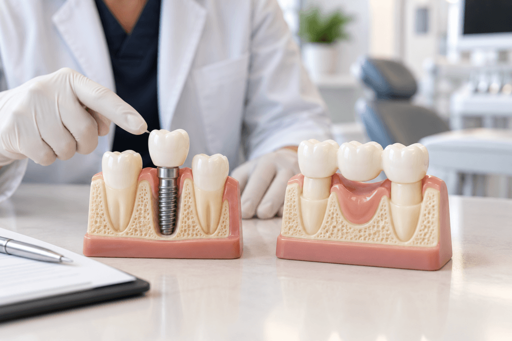 Dentist pointing to teeth beside a missing tooth on a dental model single tooth implant vs dental bridge