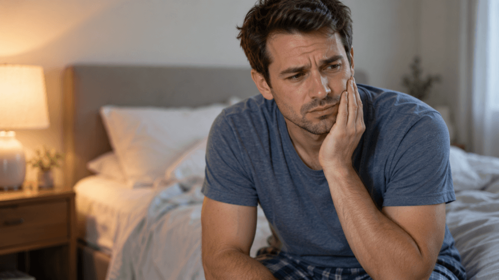 Man holding his jaw while sitting on the edge of a bed