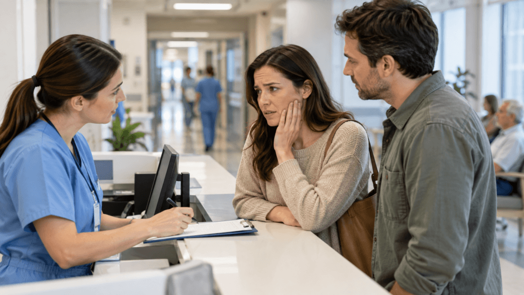 Patient with jaw discomfort speaking to a nurse at hospital reception