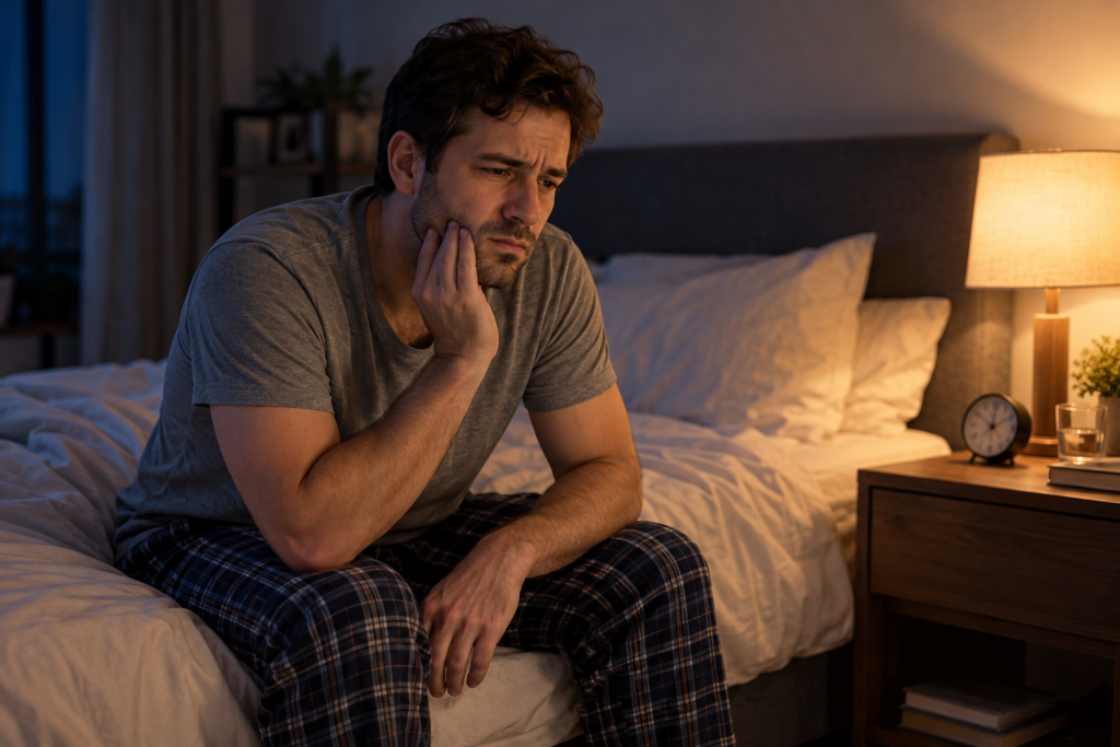 Man sitting awake on his bed with tooth discomfort