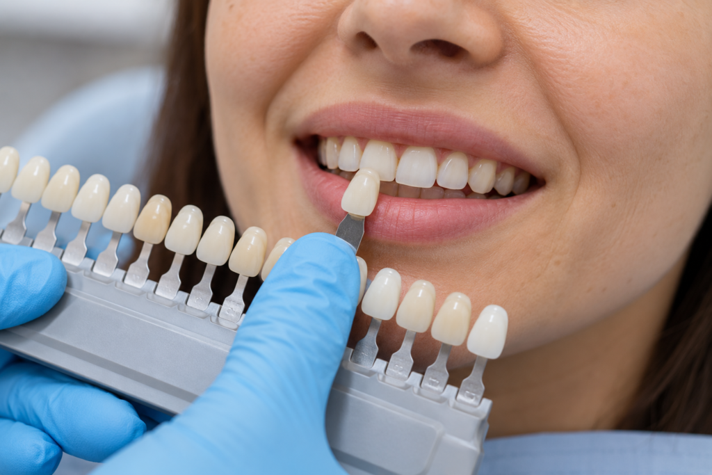 Dentist comparing a tooth shade guide with natural teeth