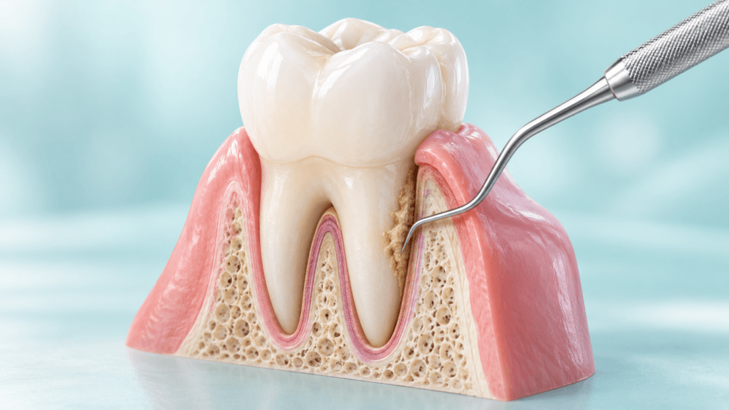 Cutaway illustration of cleaning along tooth roots below the gumline