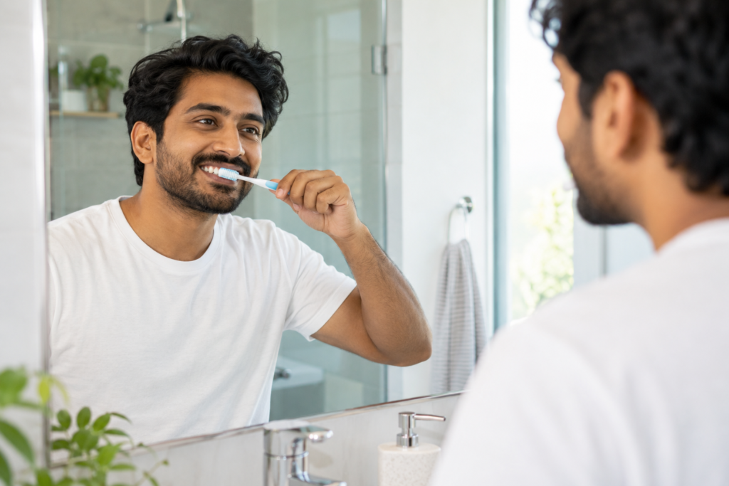 Man brushing his teeth at a bathroom mirror