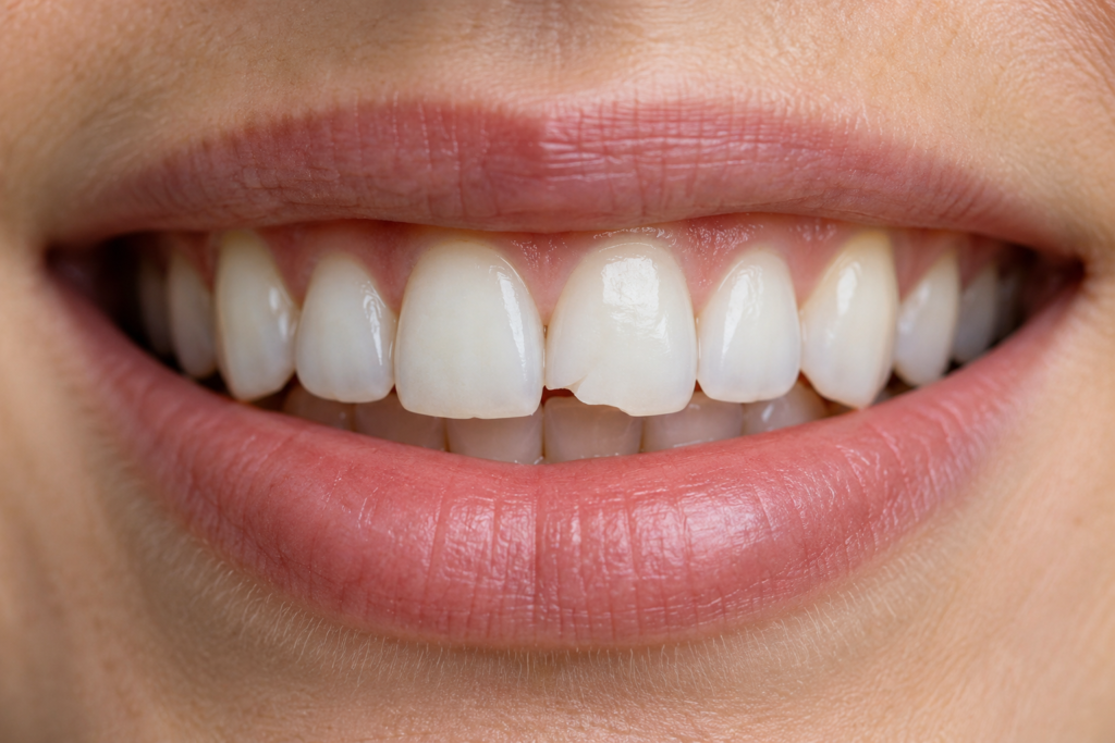 Close-up of a small chip on an upper front tooth