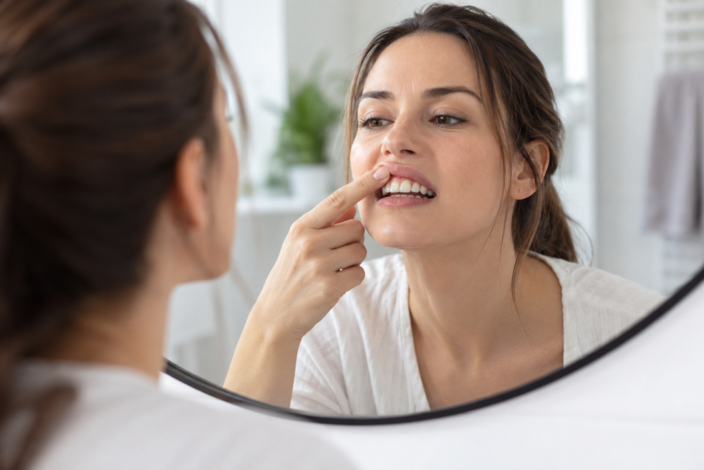 Woman checking her front teeth in a mirror