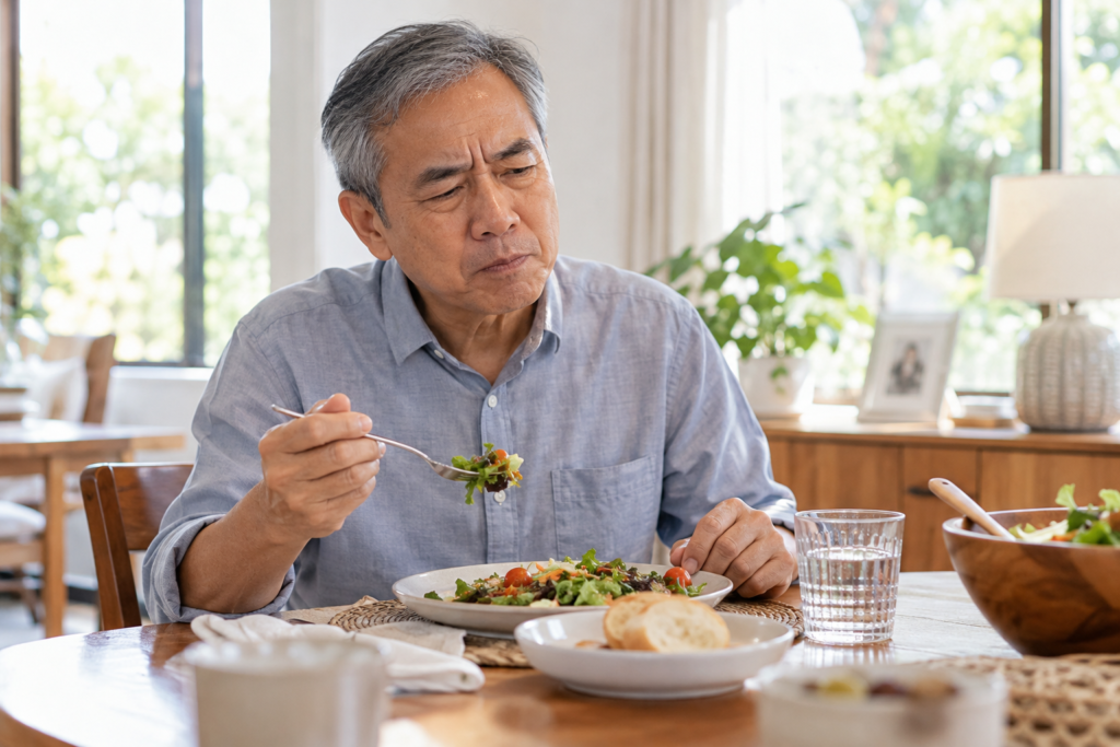 Older man pausing during a meal because of tooth discomfort