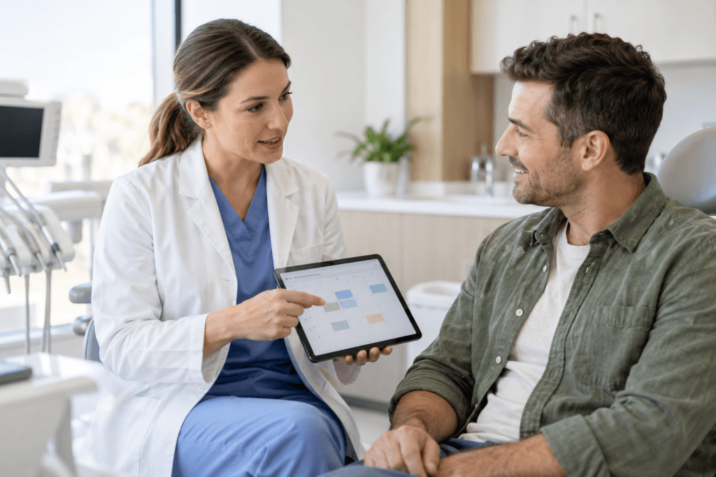 Dentist discussing a dental checkup schedule with a patient how often should you get a dental exam