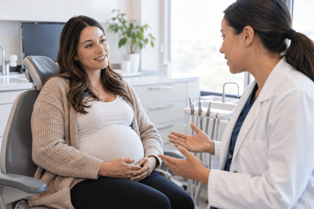 Pregnant patient discussing dental care with a dentist