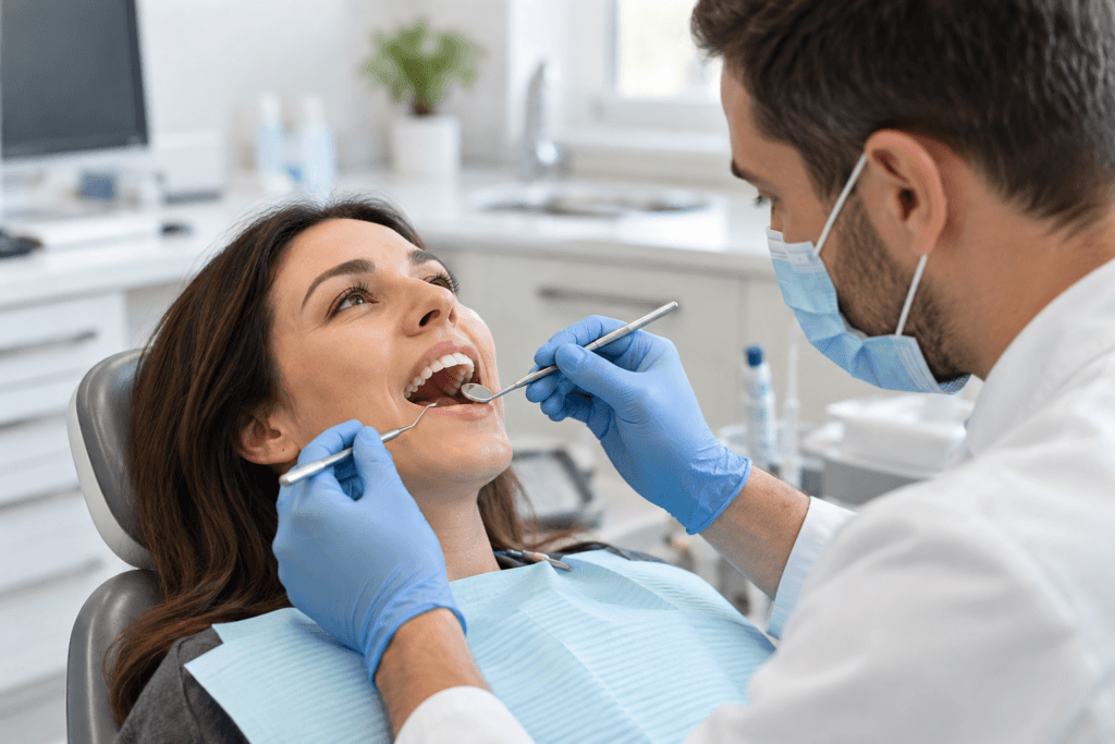 Dentist checking a patient’s mouth with a dental mirror