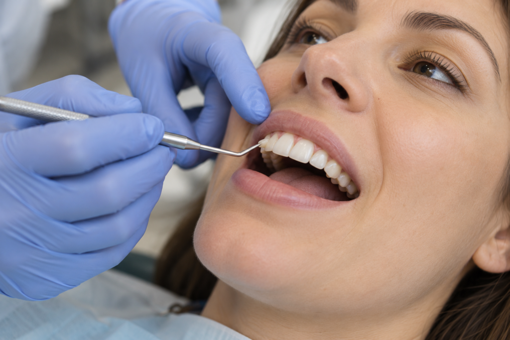Dentist shaping composite on an upper front tooth