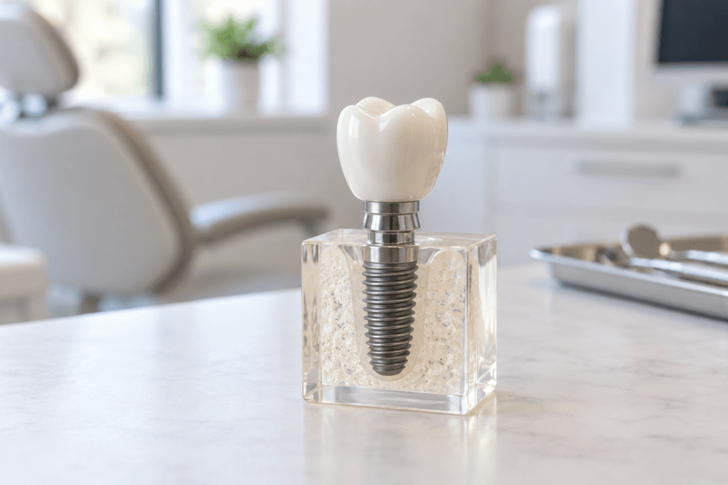 Single-tooth implant model showing a ceramic crown and titanium fixture