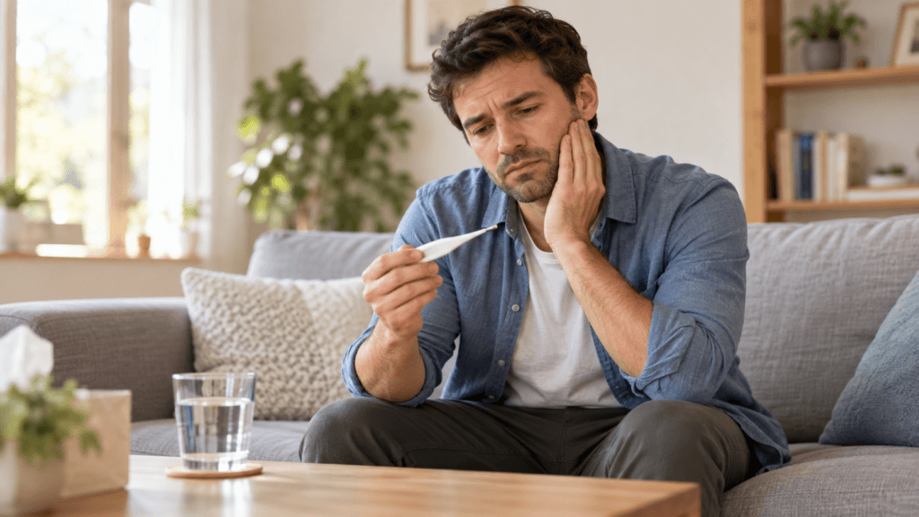 Man holding a thermometer and touching his painful cheek