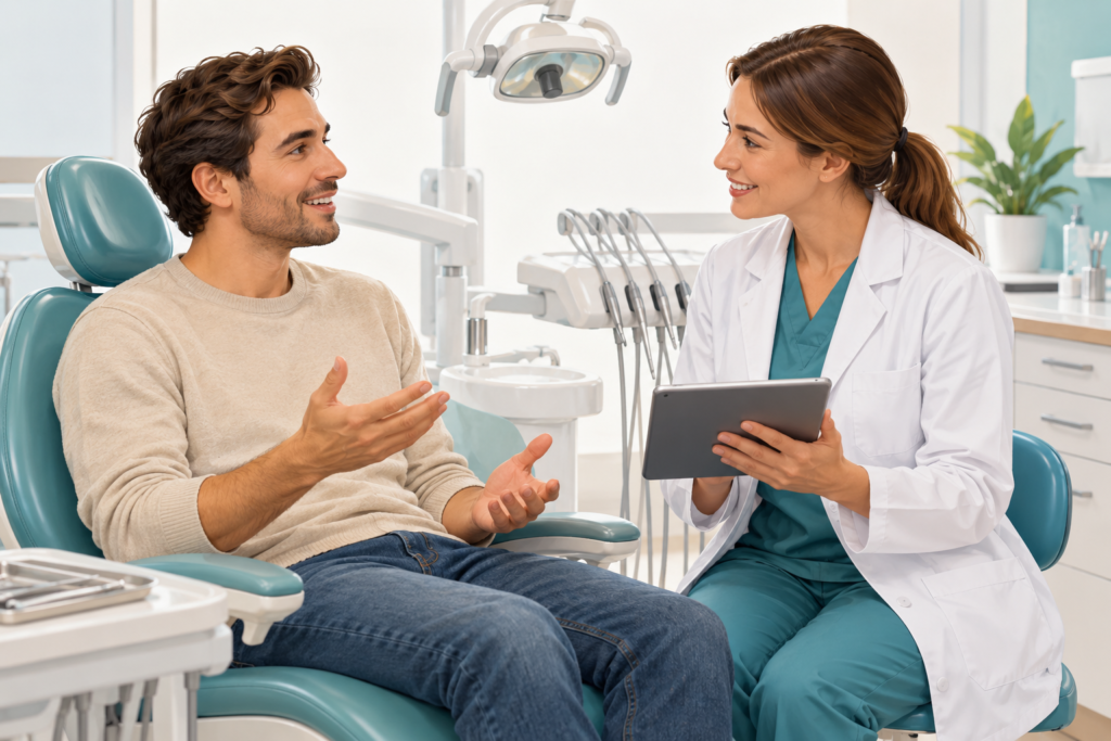 Patient discussing health changes with a dental professional