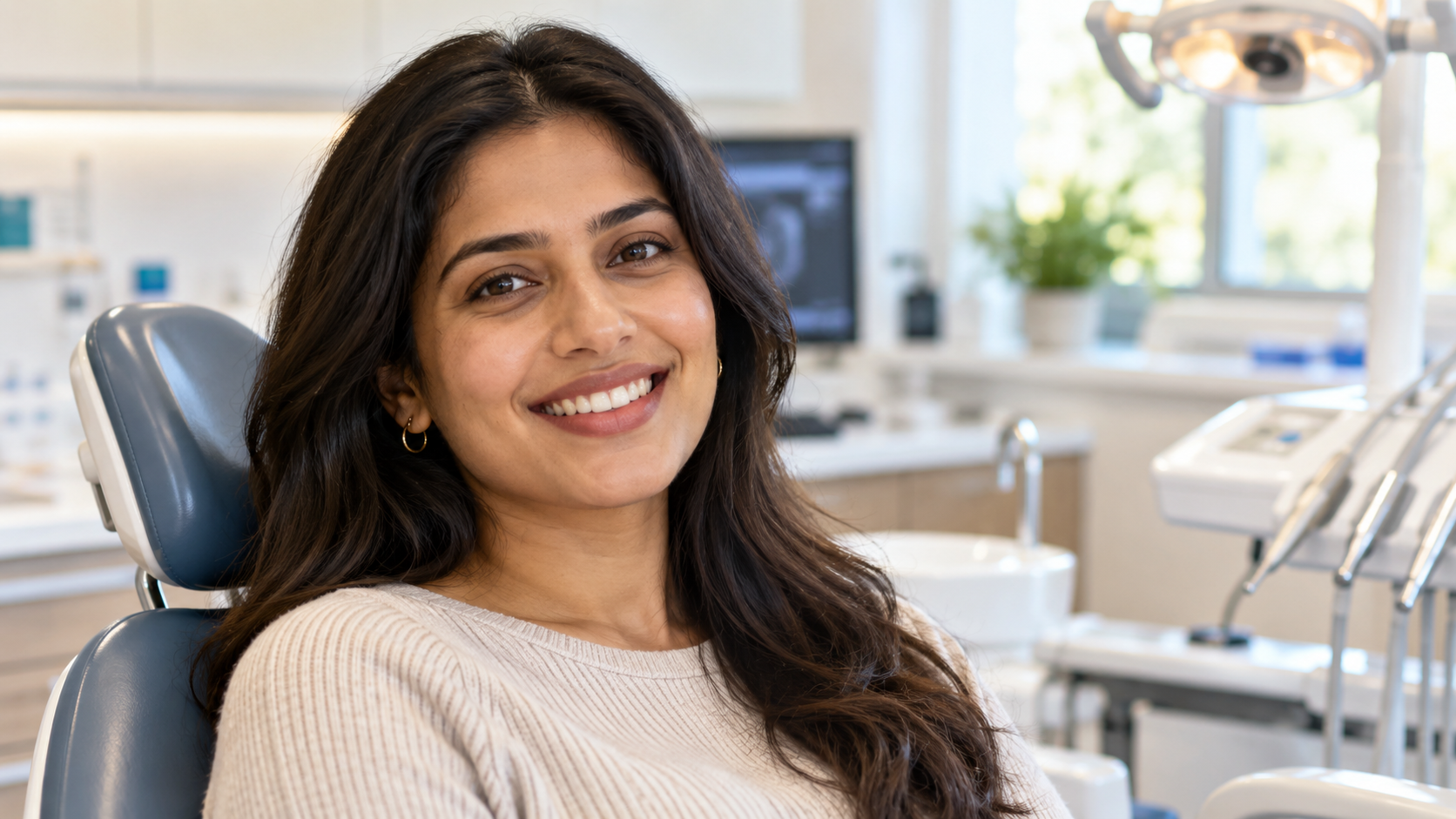 Woman smiling while seated in a dental clinic bonding for chipped teeth and gaps